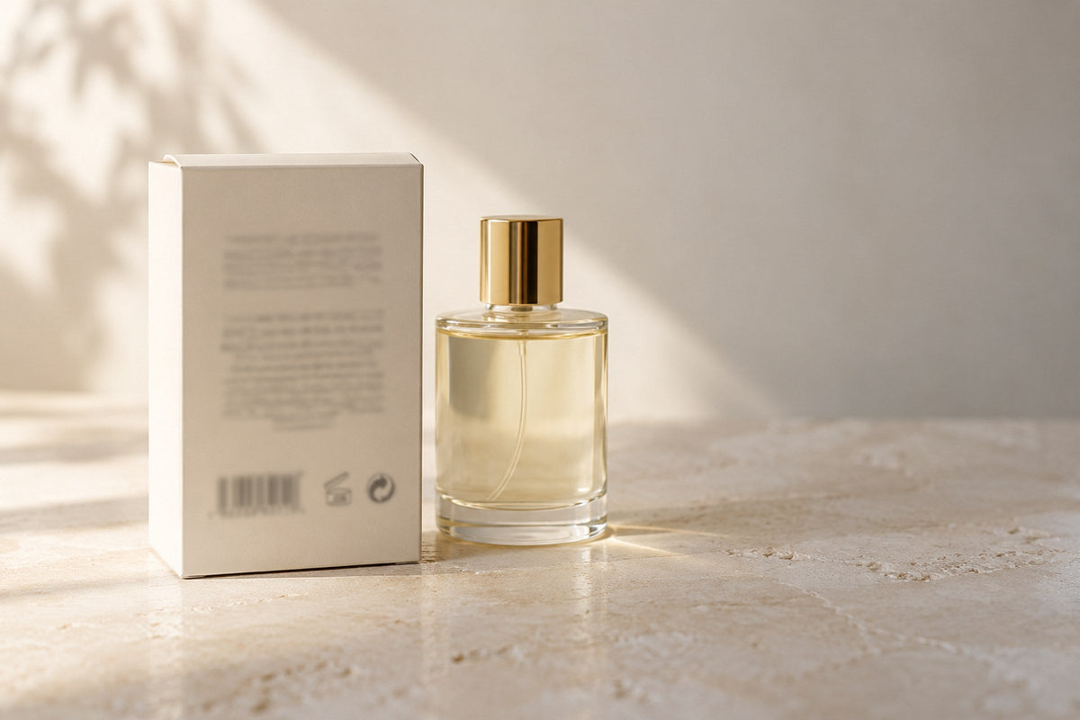 ظهر علبة عطر كرتونية عليها بيانات مطبوعة وباركود ورموز، وبجانبها زجاجة العطر
