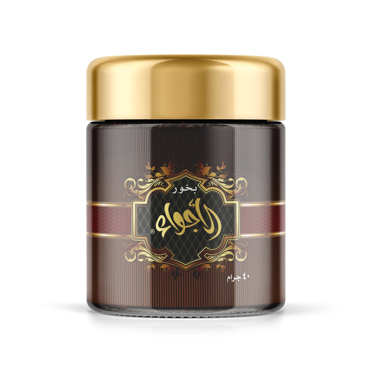 Al Ajwaa Bakhoor 40 g jar with gold lid and ornate label alone on a white background