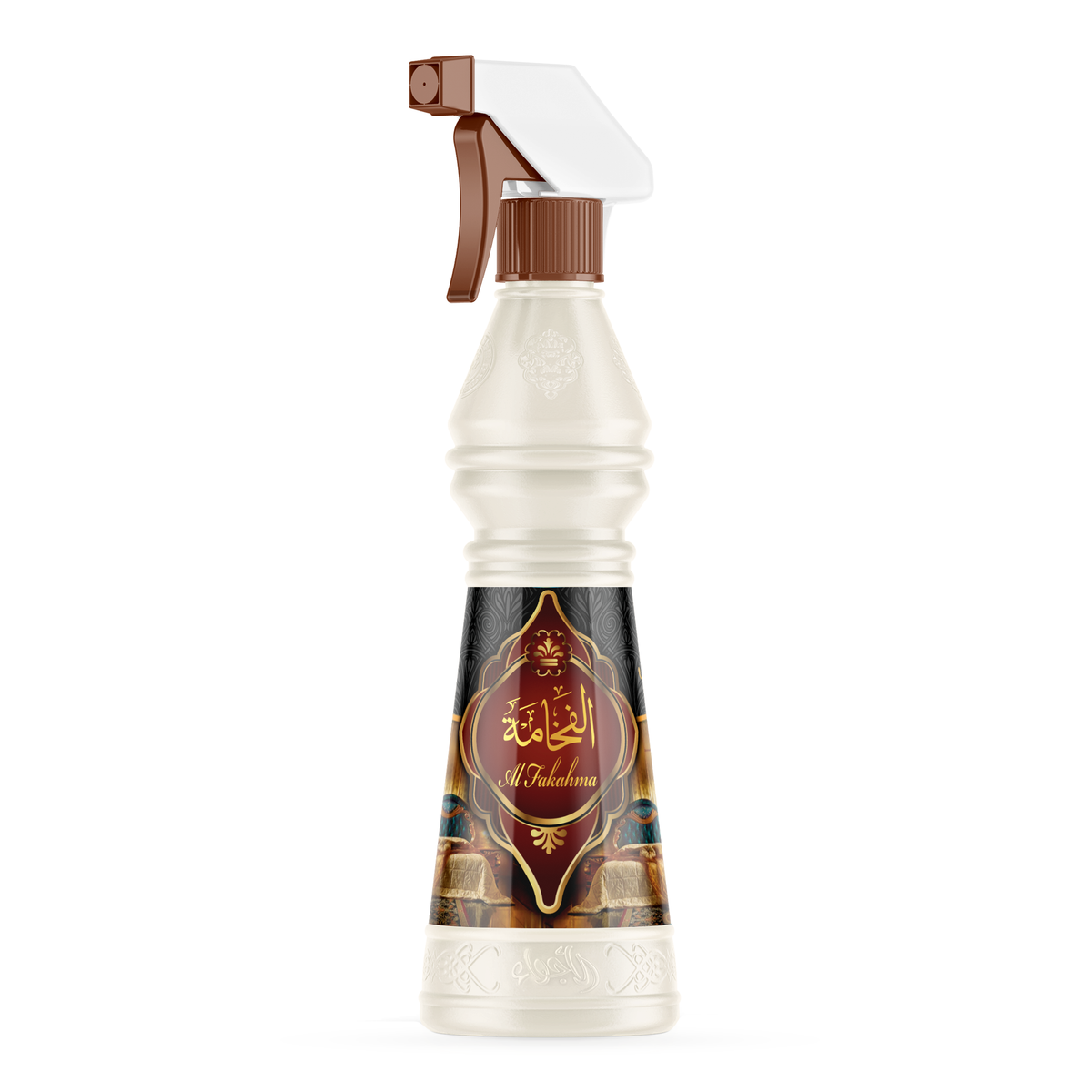 عبوة معطر الأجواء الفخامة 500 مل البيضاء ببخاخ بني وملصق بني مزخرف وحدها على خلفية بيضاء