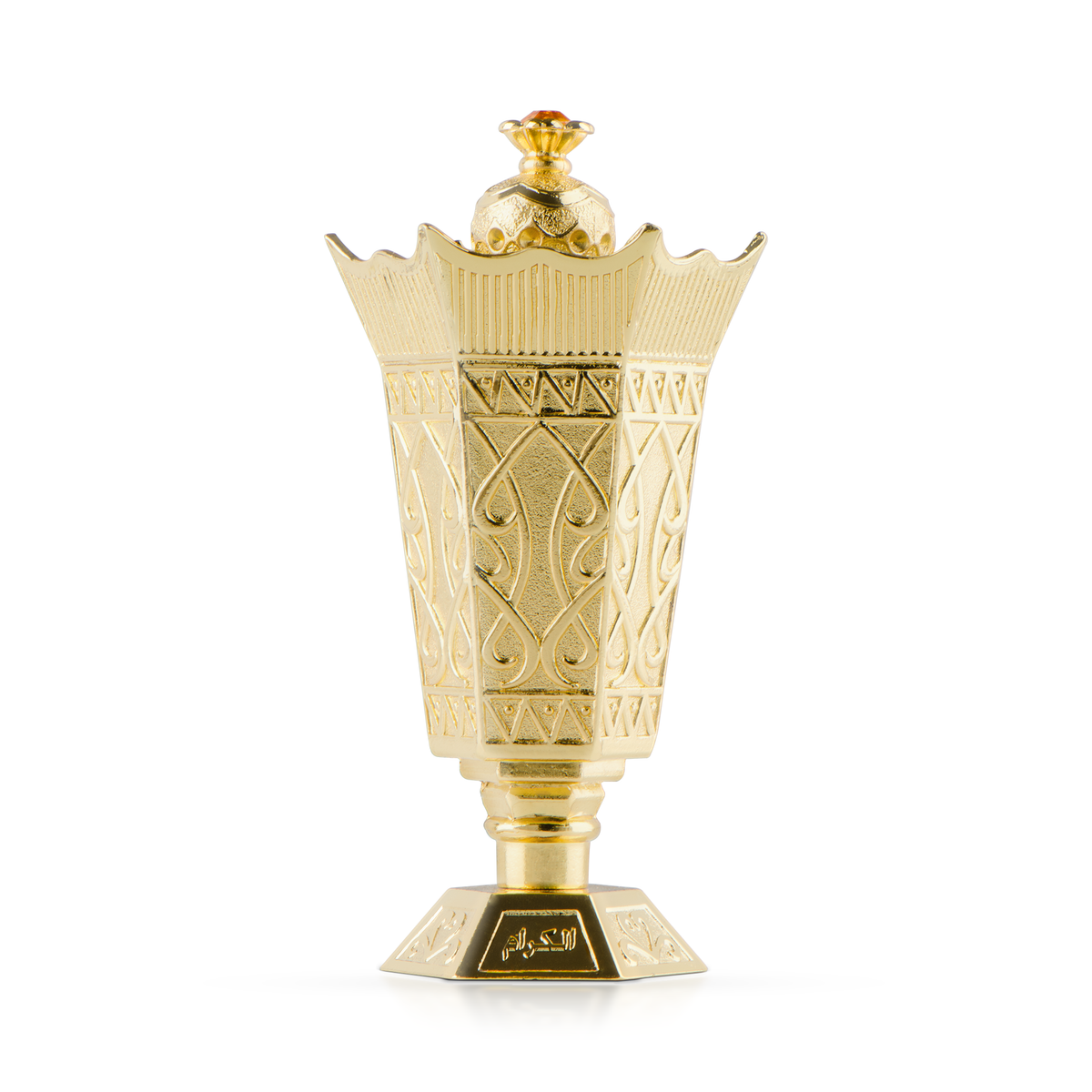 Al Karam Mukhallat 11 ml ornate gold chalice-shaped bottle alone on a white background
