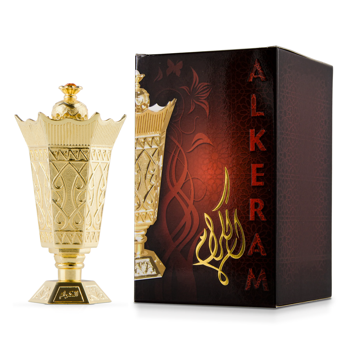 Al Karam Mukhallat 11 ml in an ornate gold chalice-shaped bottle beside its dark red box
