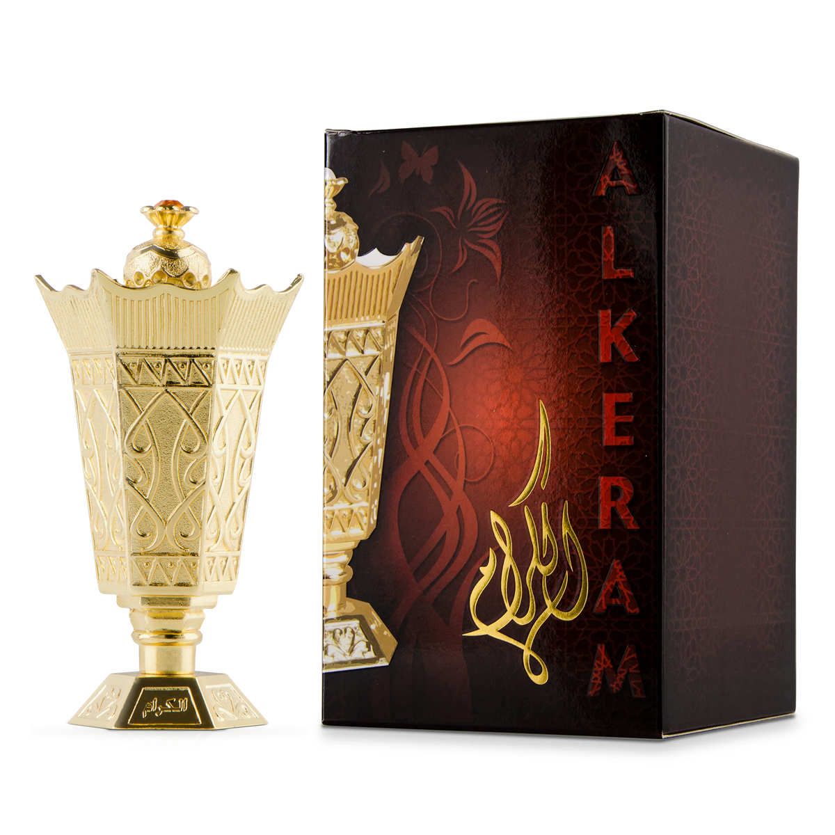 Al Karam Mukhallat 11 ml in an ornate gold chalice-shaped bottle beside its dark red box