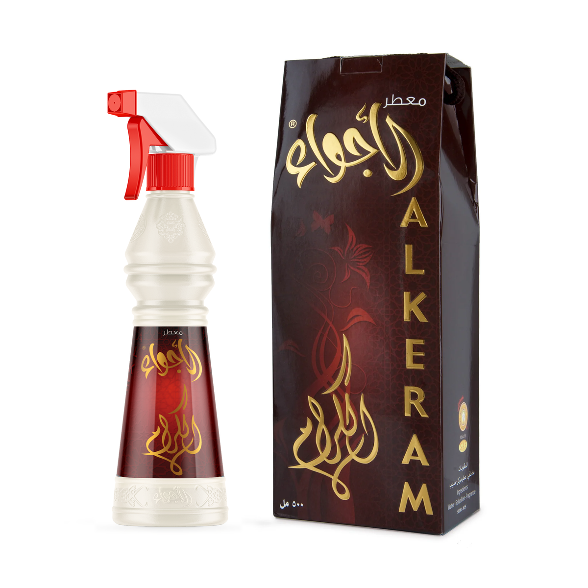 Al-Keram Air Freshener 500 ml, white bottle with red sprayer beside its maroon box on a white background