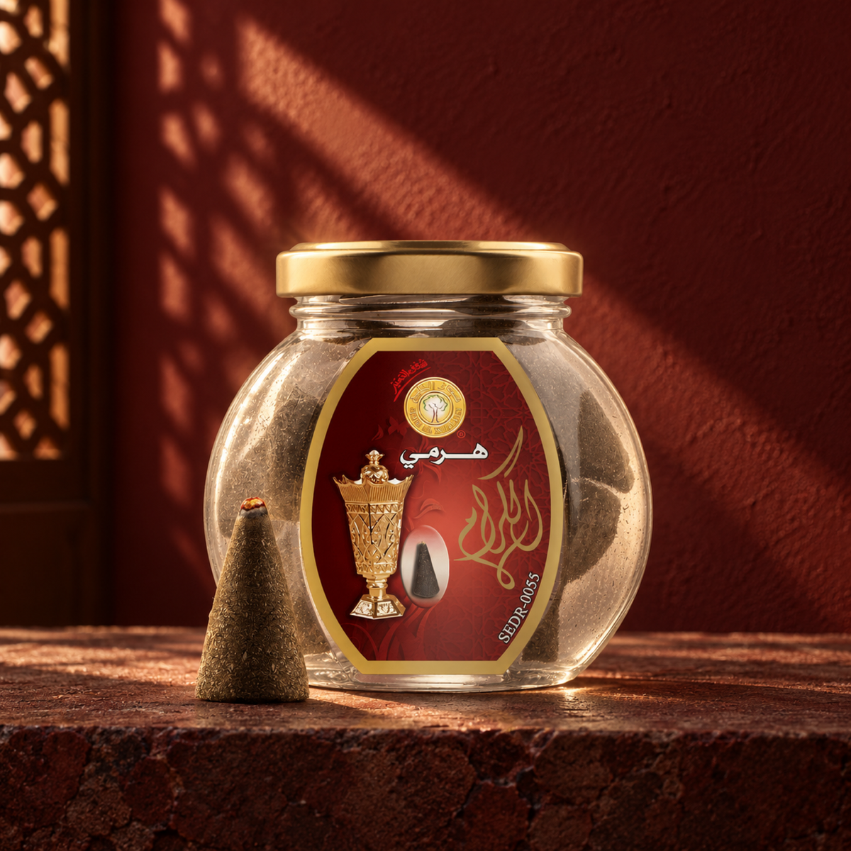 Al Keram Haramy Maamoul 50 g from Sedr Al-Khaleej; round glass incense jar with a maroon label, gold lid and one cone on dark reddish stone in angled sunlight.