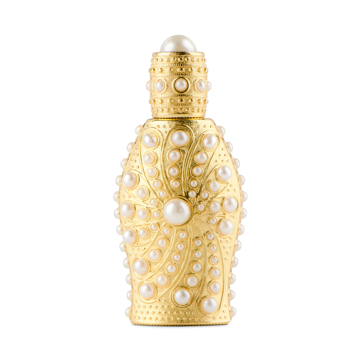 Al Loloaa Mukhallat 15 ml pearl-studded gold bottle on its own on a white background