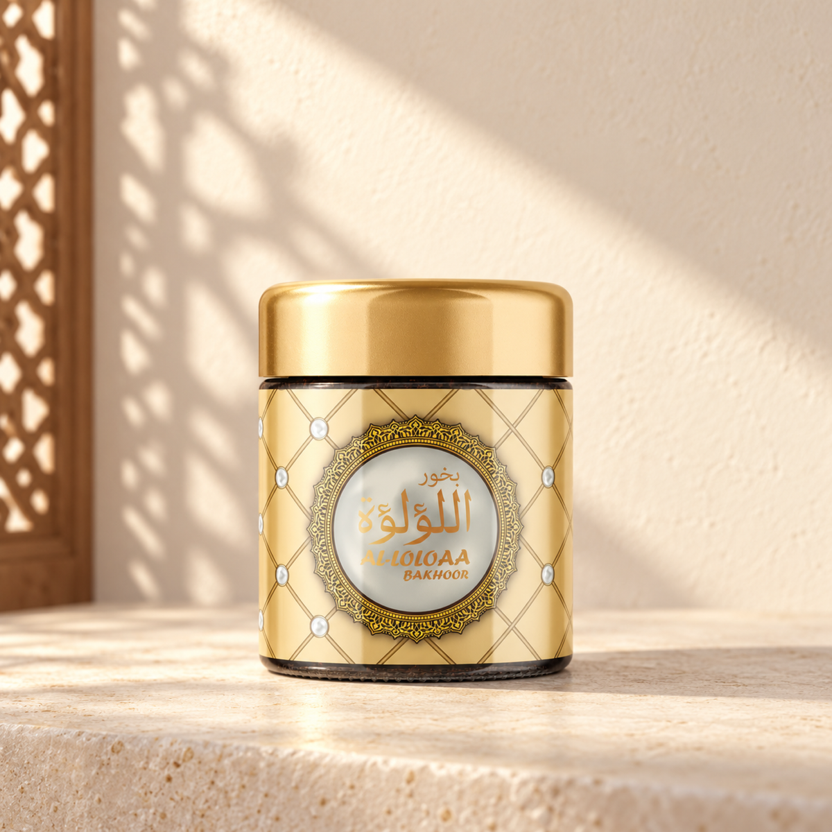 Al-Lulua Bakhoor 40 g from Sedr Al-Khaleej; incense jar with a gold lid and cream label on pale stone in sunlight and a screen shadow.