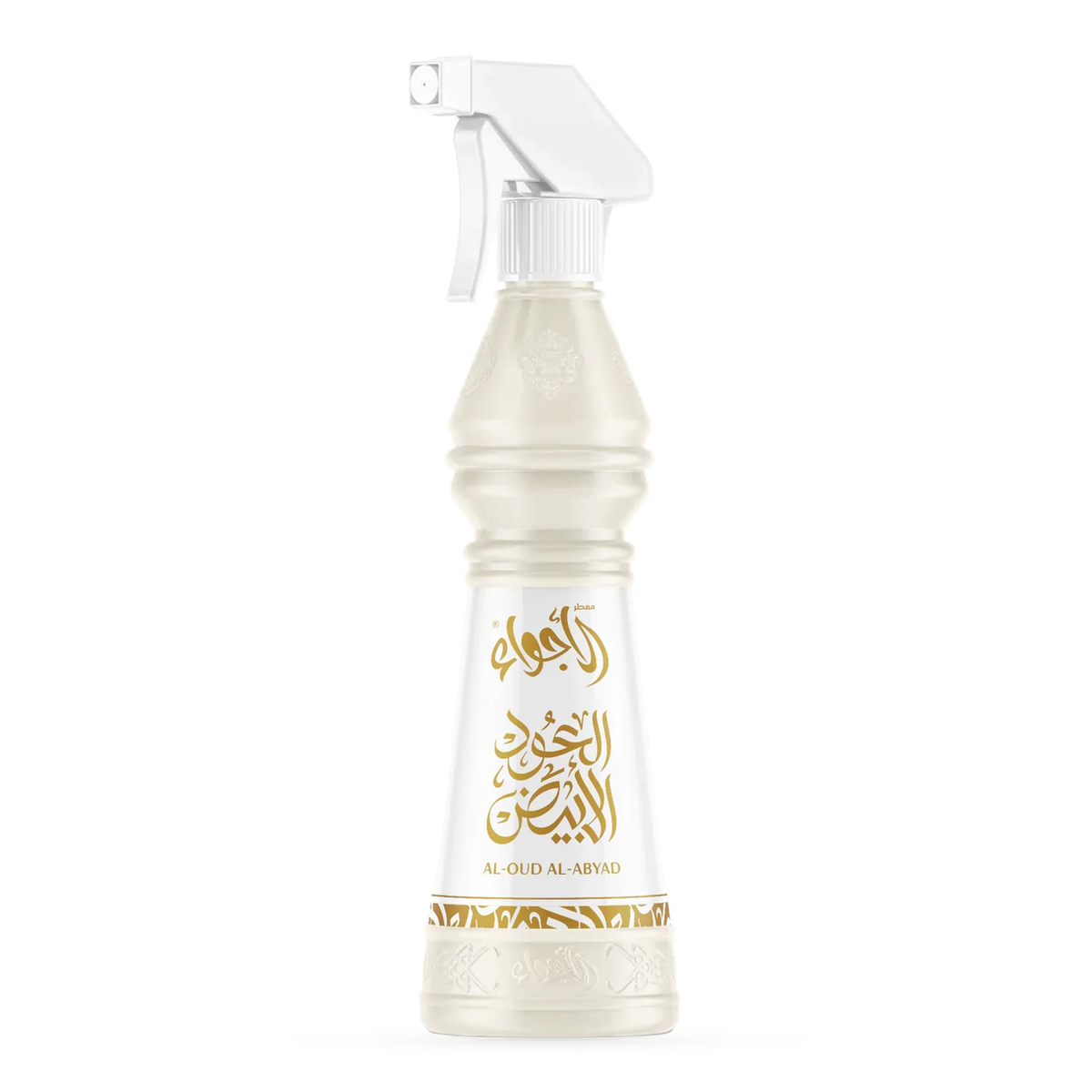 Al-Oud Al-Abyad Air Freshener 500 ml in a cream bottle with gold lettering and a white sprayer on a white background