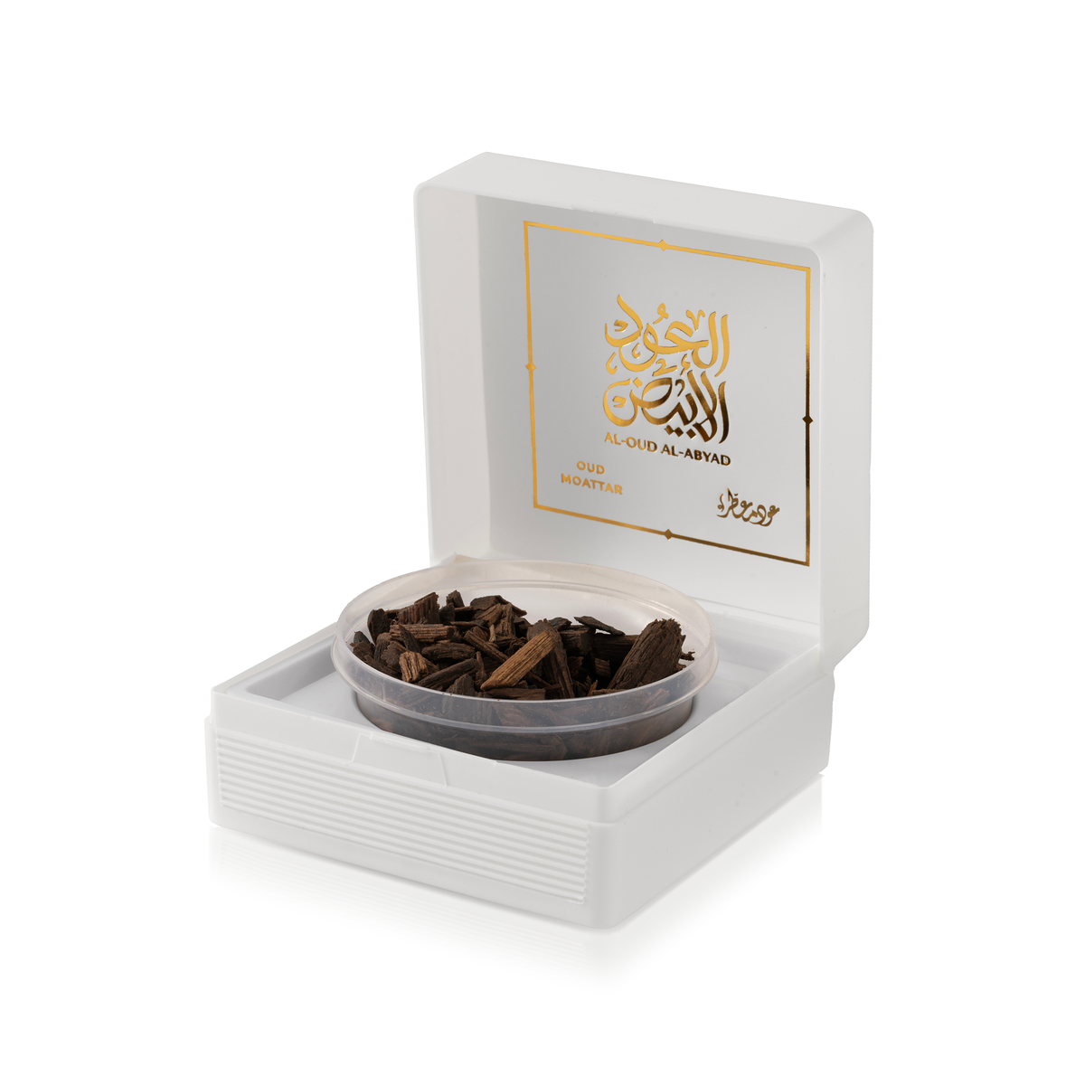 White Oud Scented Oud 50 g: scented oud chips in a clear dish inside its open white box