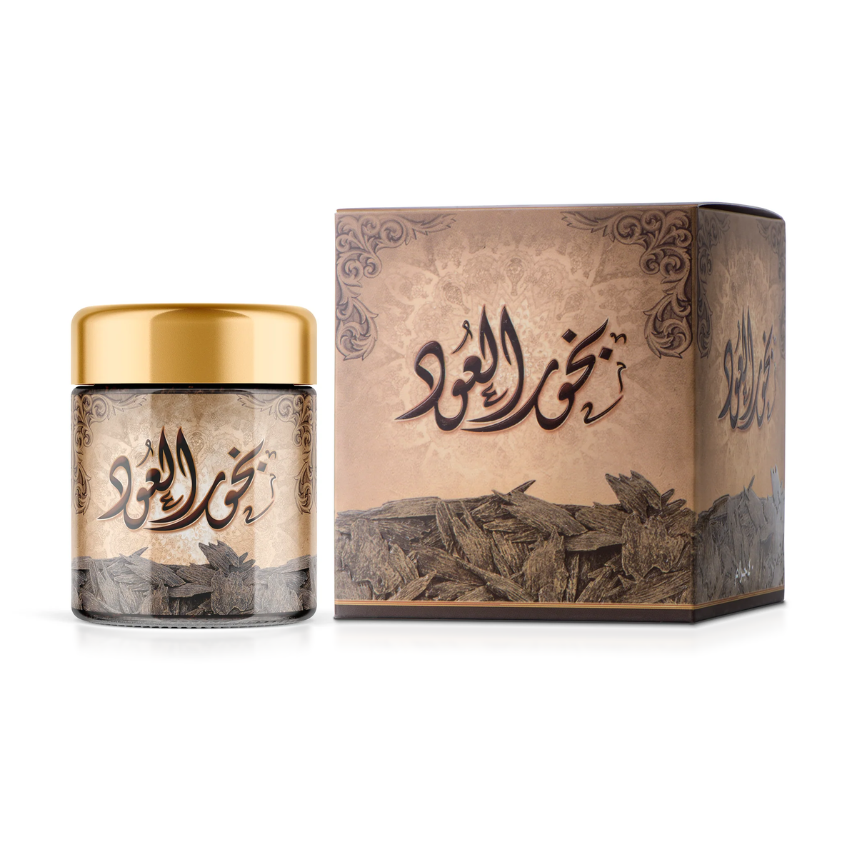 Oud bakhoor 40 g jar next to its cardboard box