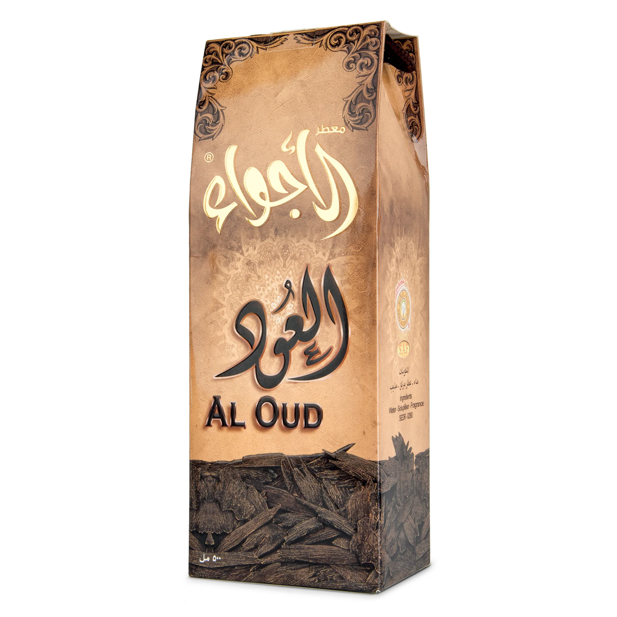 The brown carton of Al-Oud Air Freshener 500 ml printed with oud chips on a white background