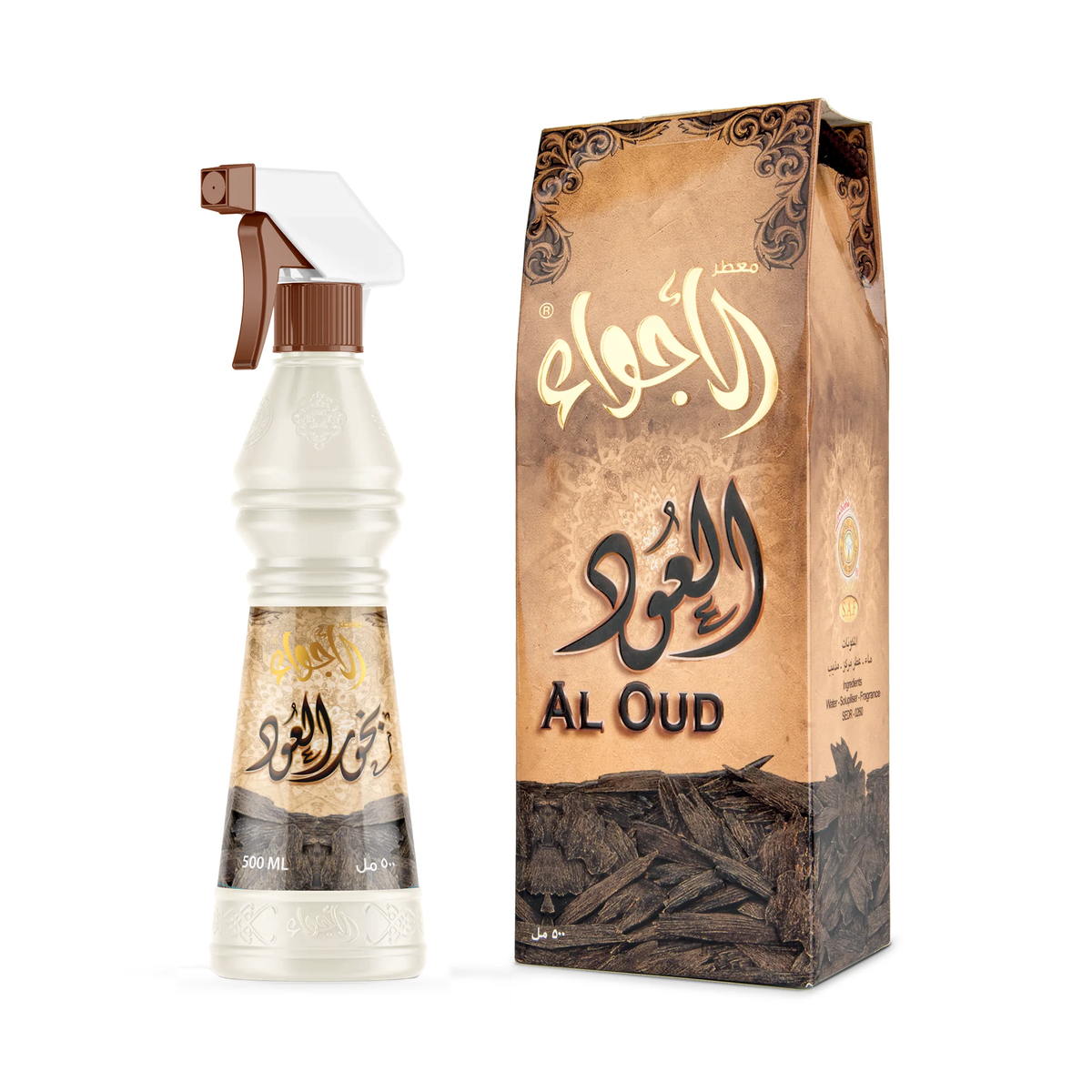 Al-Oud Air Freshener 500 ml: a white bottle with a brown trigger sprayer beside its brown carton on a white background