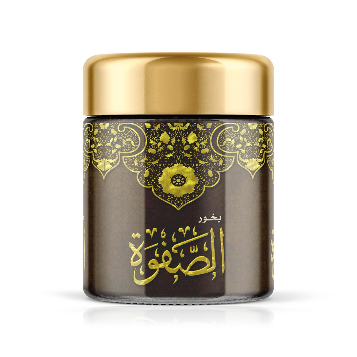 Al Safwah Bakhoor 40 g: a close-up of a brown jar with a gold lid and gold ornaments on a white background