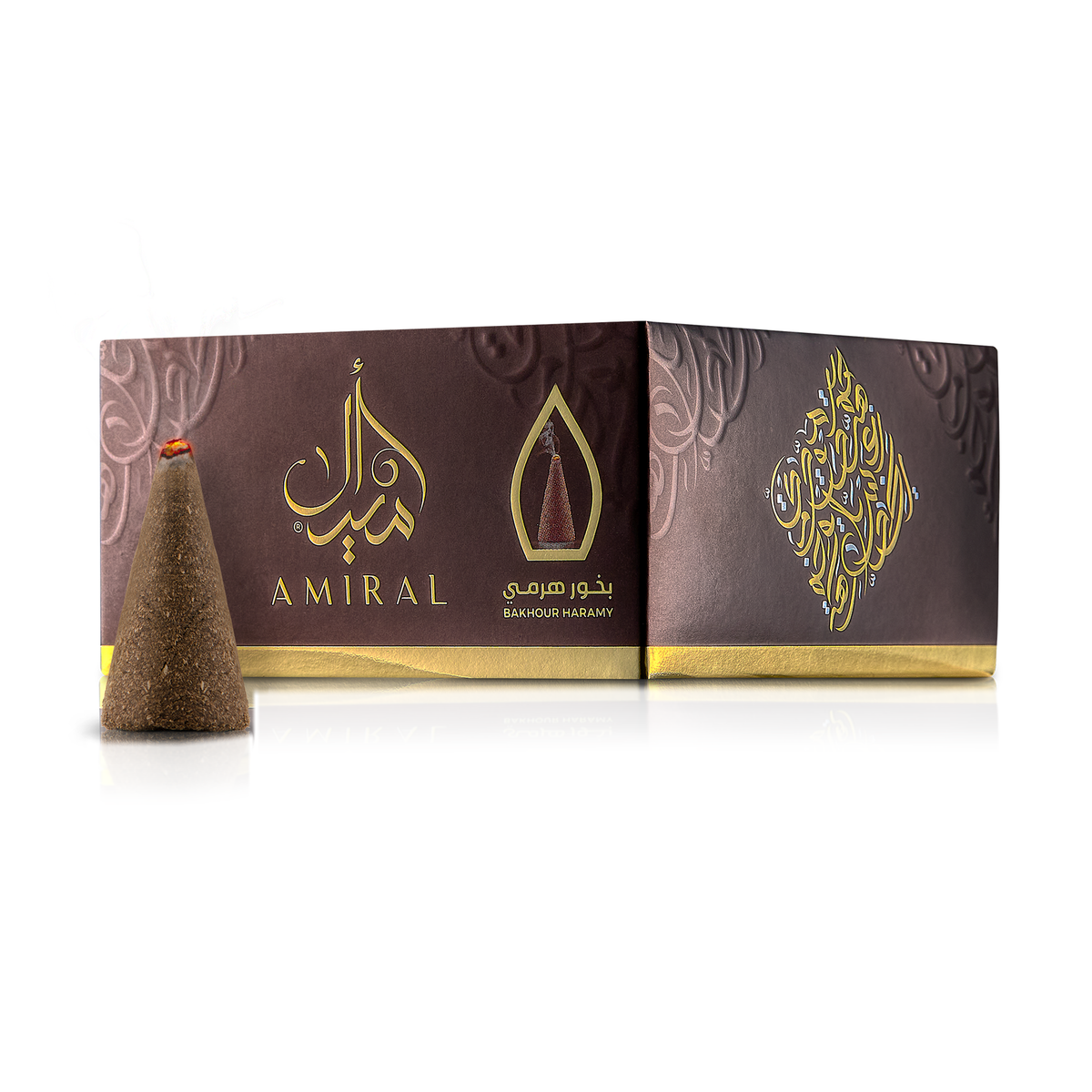 Amiral Pyramid Bakhoor 50 g: a pyramid bakhoor piece with glowing tip and smoke before its brown and gold box