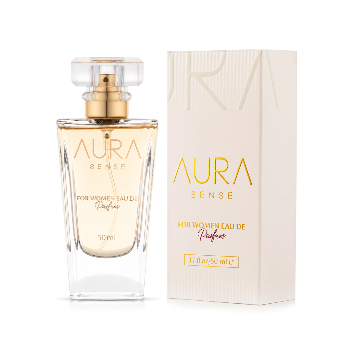 Aura Sense Perfume 50 ml in a clear bottle with a gold collar beside its white box on a white background