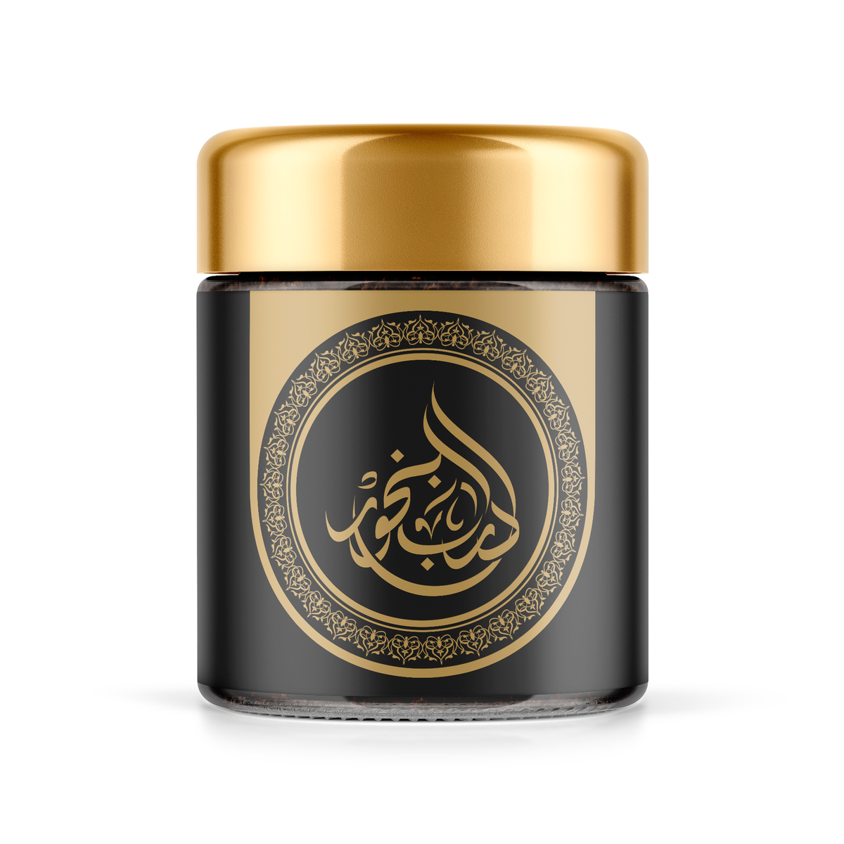Darb Al Bakhour bakhoor 40 g in a black jar with a gold lid and Arabic calligraphy logo on a white background