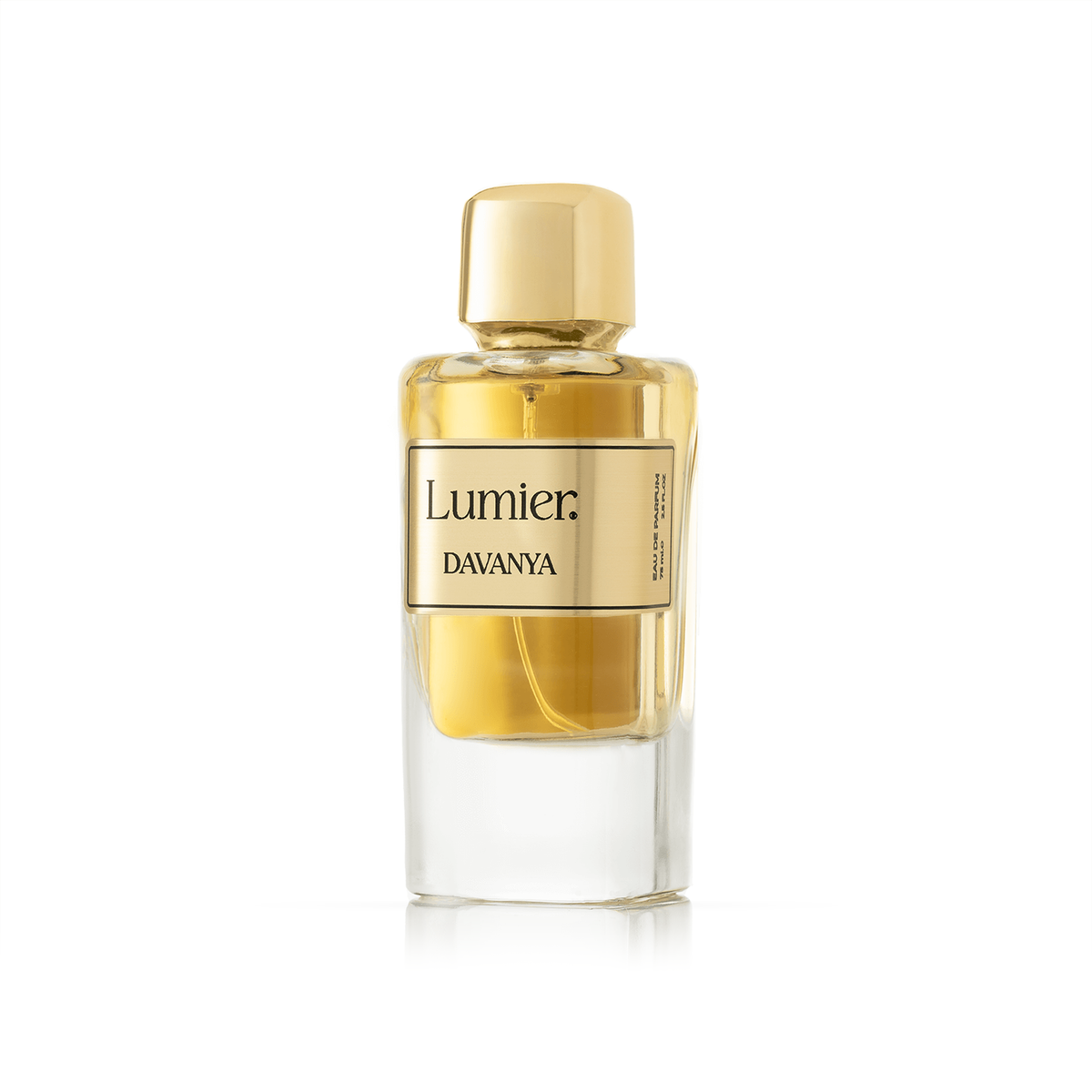 Davania Perfume 75 ml bottle with its gold cap alone on a white background