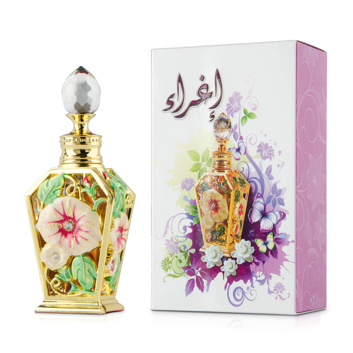 Eghra Perfume Oil 9 ml in its decorated gold bottle beside its pink box on a white background