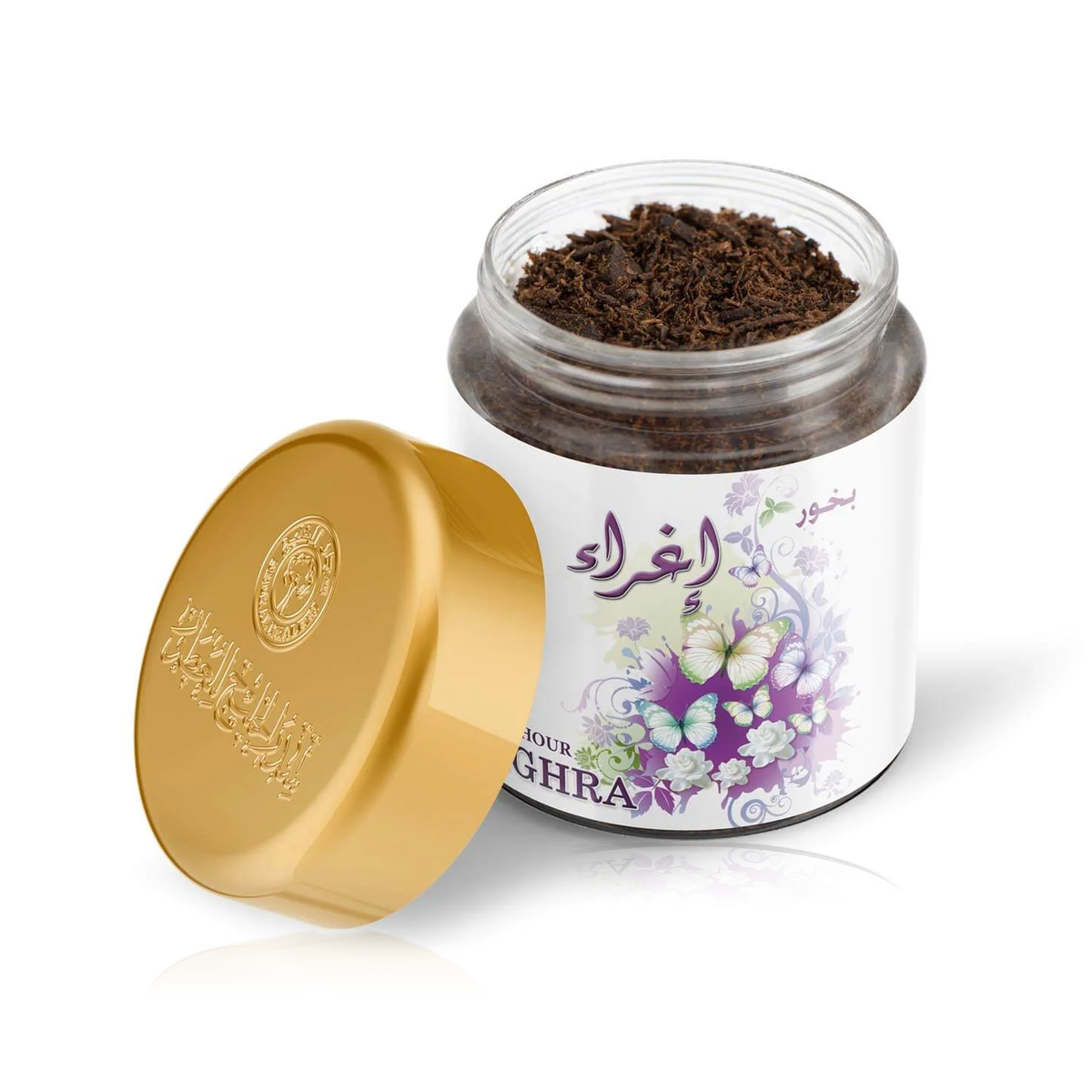 Eghra Bakhoor 40 g open jar showing the bakhoor with its gold lid beside it