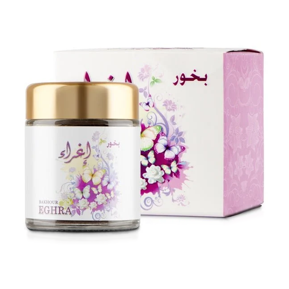 Eghra Bakhoor 40 g in a jar with a gold lid and a white label with flowers and butterflies next to its pink box