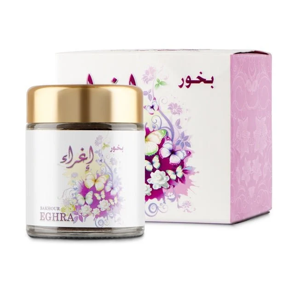 Eghra Bakhoor 40 g in a jar with a gold lid and a white label with flowers and butterflies next to its pink box