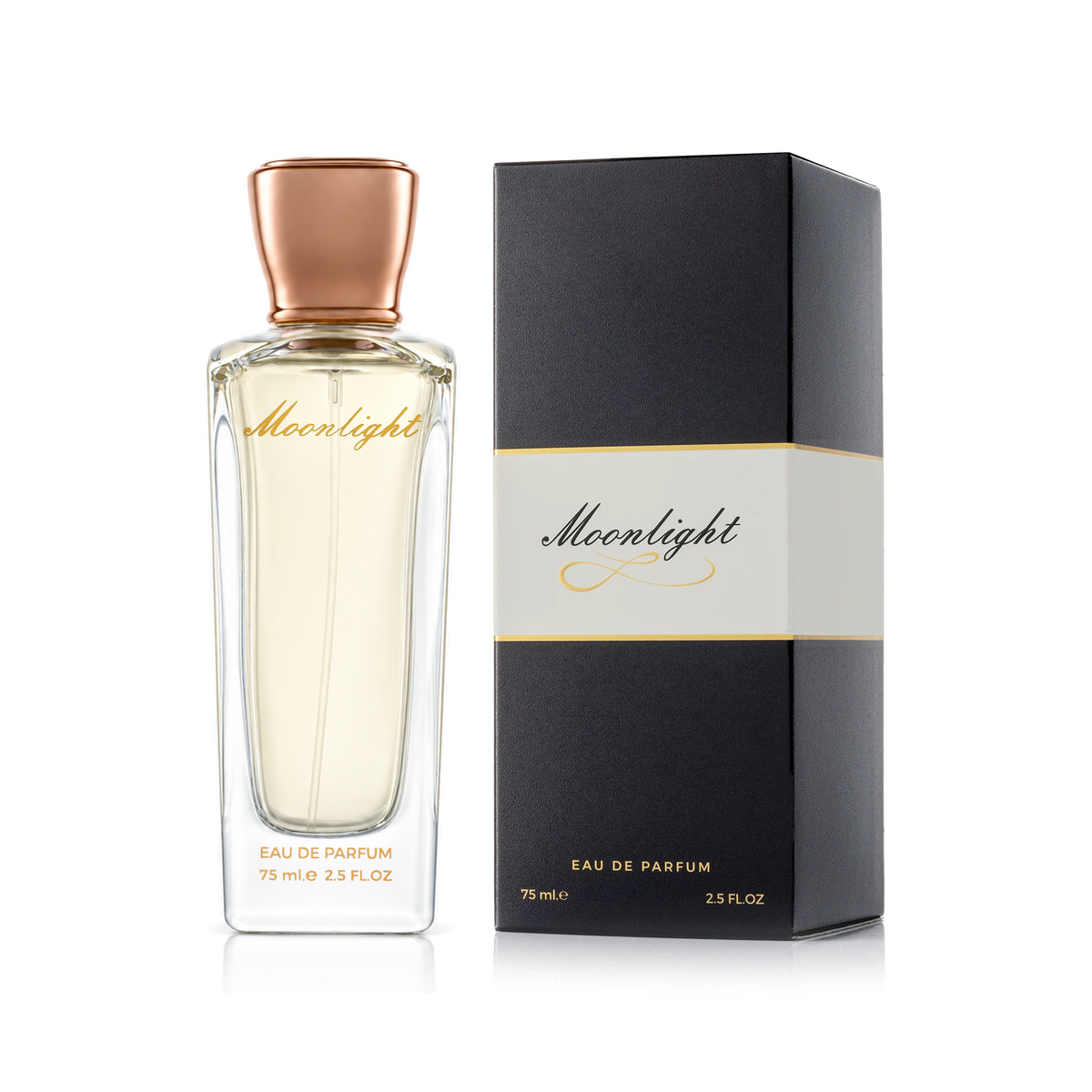 Moonlight perfume from the Elegance Bundle in a clear bottle with a rose-gold cap beside its black box with a white band