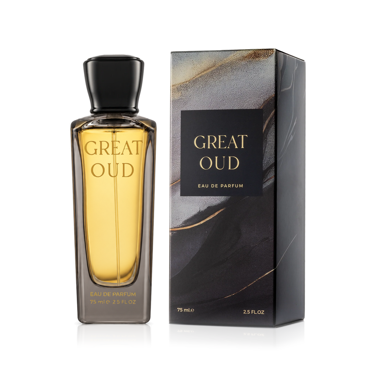 Great Oud perfume from the Elegance Bundle in an amber bottle with a black cap beside its black box on a white background