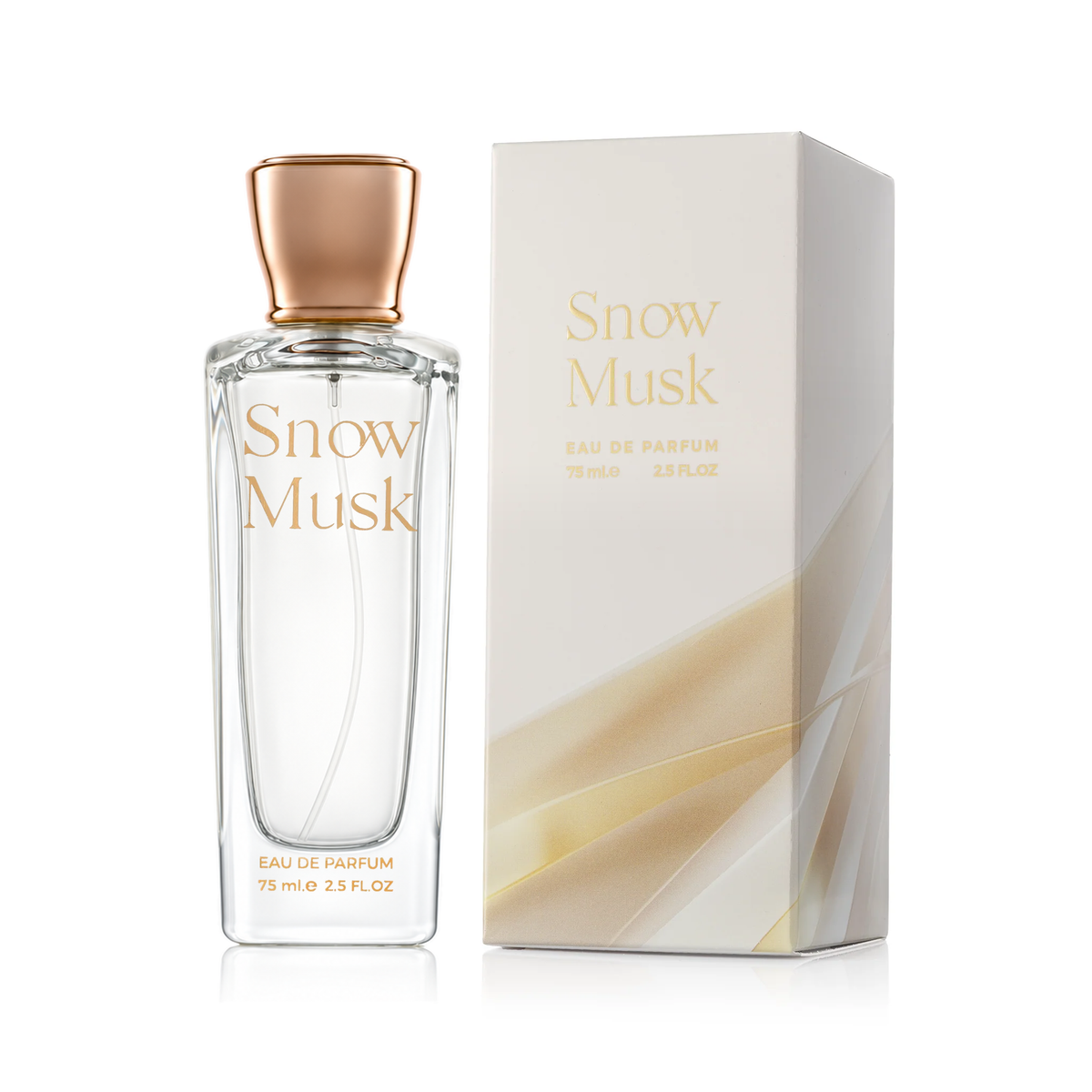 Snow Musk perfume from the Elegance Bundle in a clear bottle with a rose-gold cap beside its white box on a white background