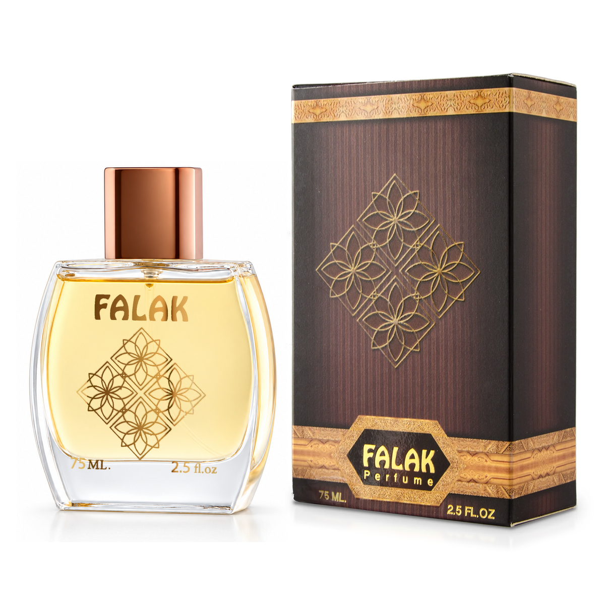 Falak Perfume 75 ml in its clear bottle beside its brown box on a white background