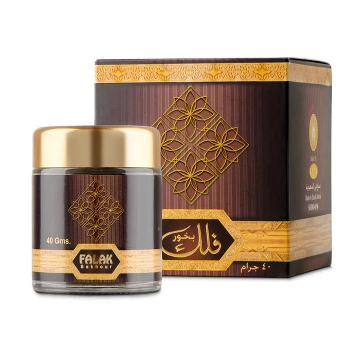 Falak Bakhoor 40 g in a brown glass jar with a gold lid beside its brown carton box