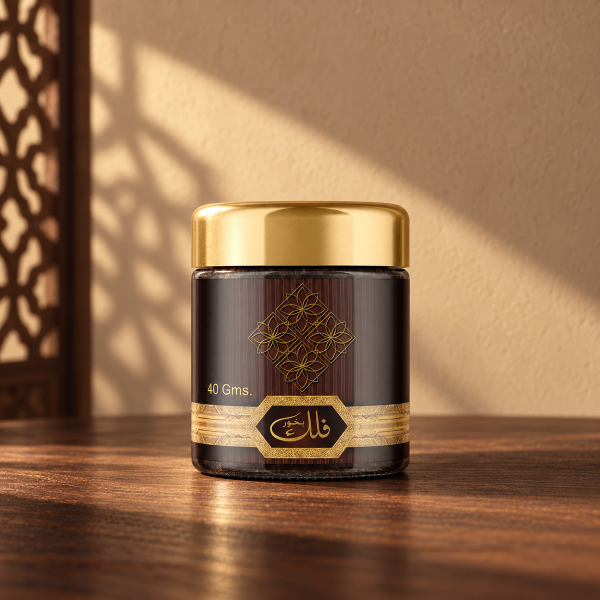 Falak Bakhoor 40 g from Sedr Al-Khaleej; incense jar with a gold lid and dark label on wood in sunlight.