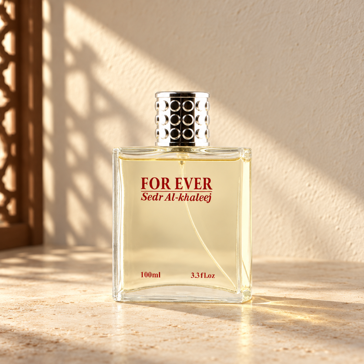 For Ever for men 100 ml perfume bottle on cream stone in warm sunlight beside a wooden screen shadow.