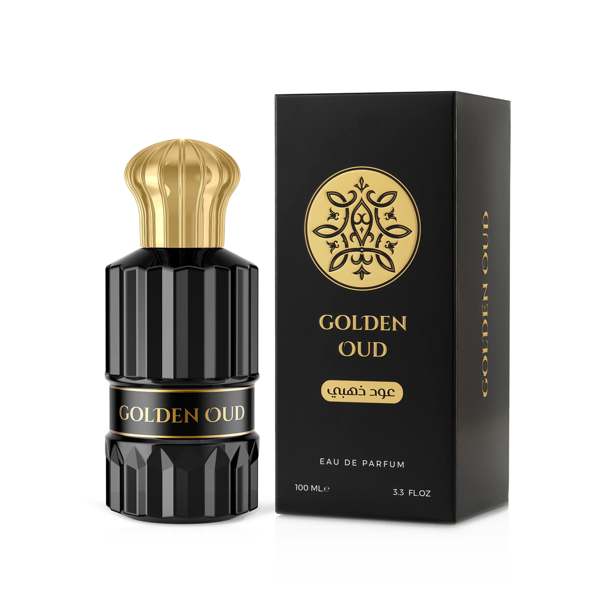 Golden Oud 100 ml perfume bottle beside its box