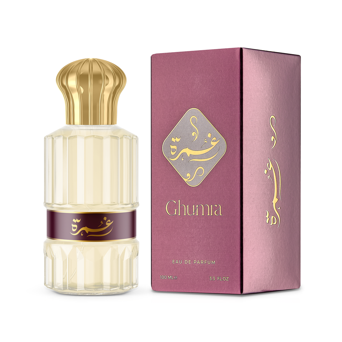 زجاجة عطر غمرة 100 مل بجانب علبتها