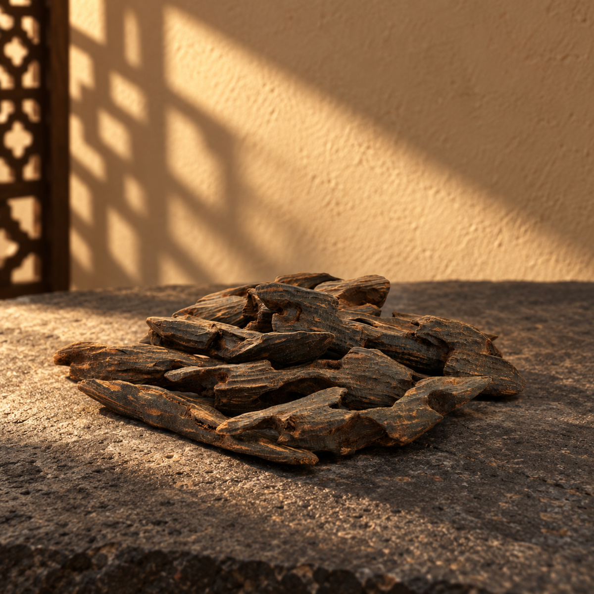 Kalimantan Mohsen Oud from Sedr Al-Khaleej; low heap of dark agarwood chips on basalt against a sand plaster wall, with angled sunlight and a wooden screen shadow on the left.