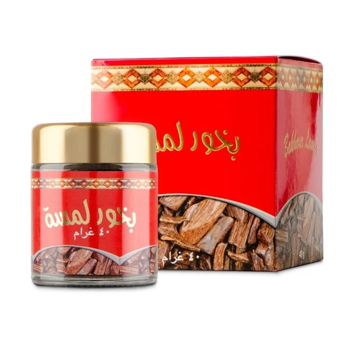 Lamsa Bakhoor 40 g in a glass jar with a red label and gold lid beside its red carton box