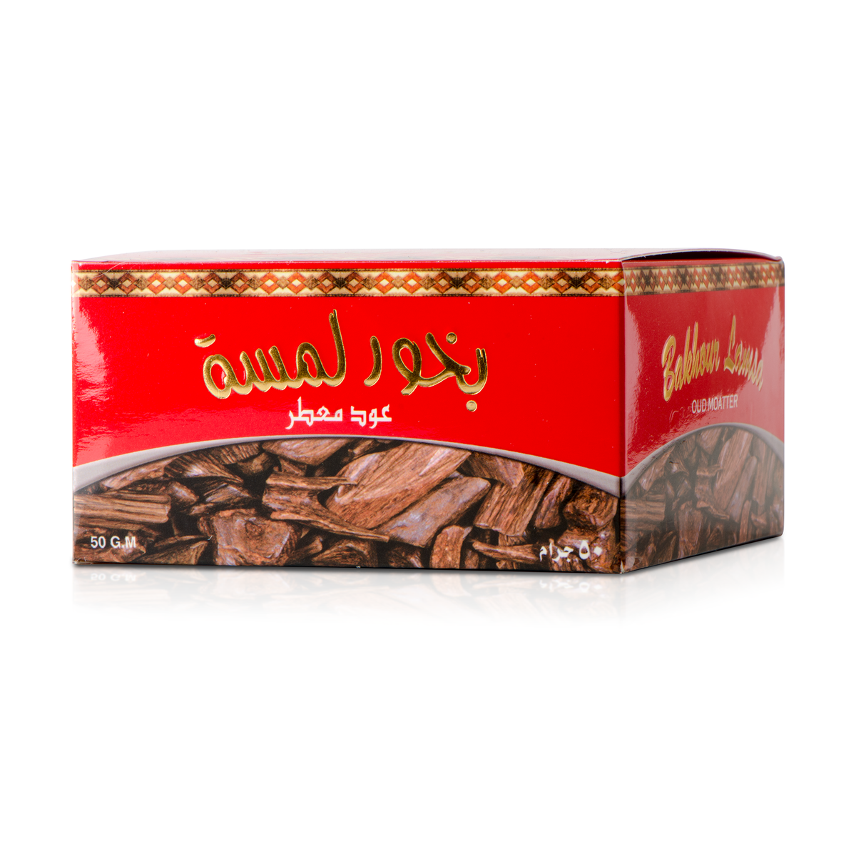 Lamsa Bakhoor Scented Oud 50 g red box printed with an image of oud chips on a white background