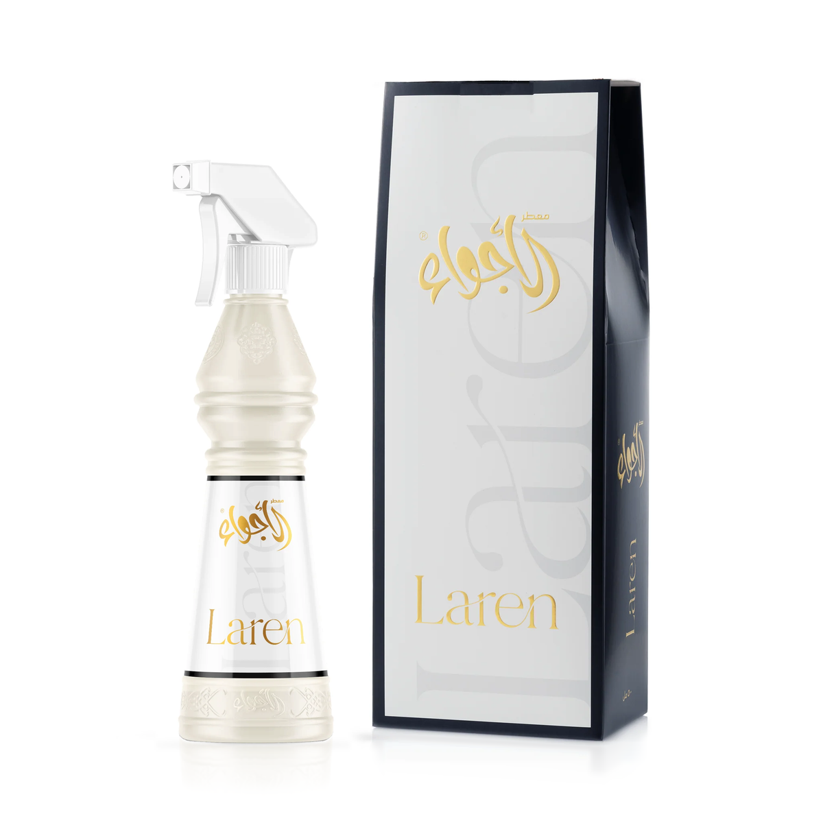 Laren Air Freshener 500 ml, cream spray bottle beside its navy and white box on a white background