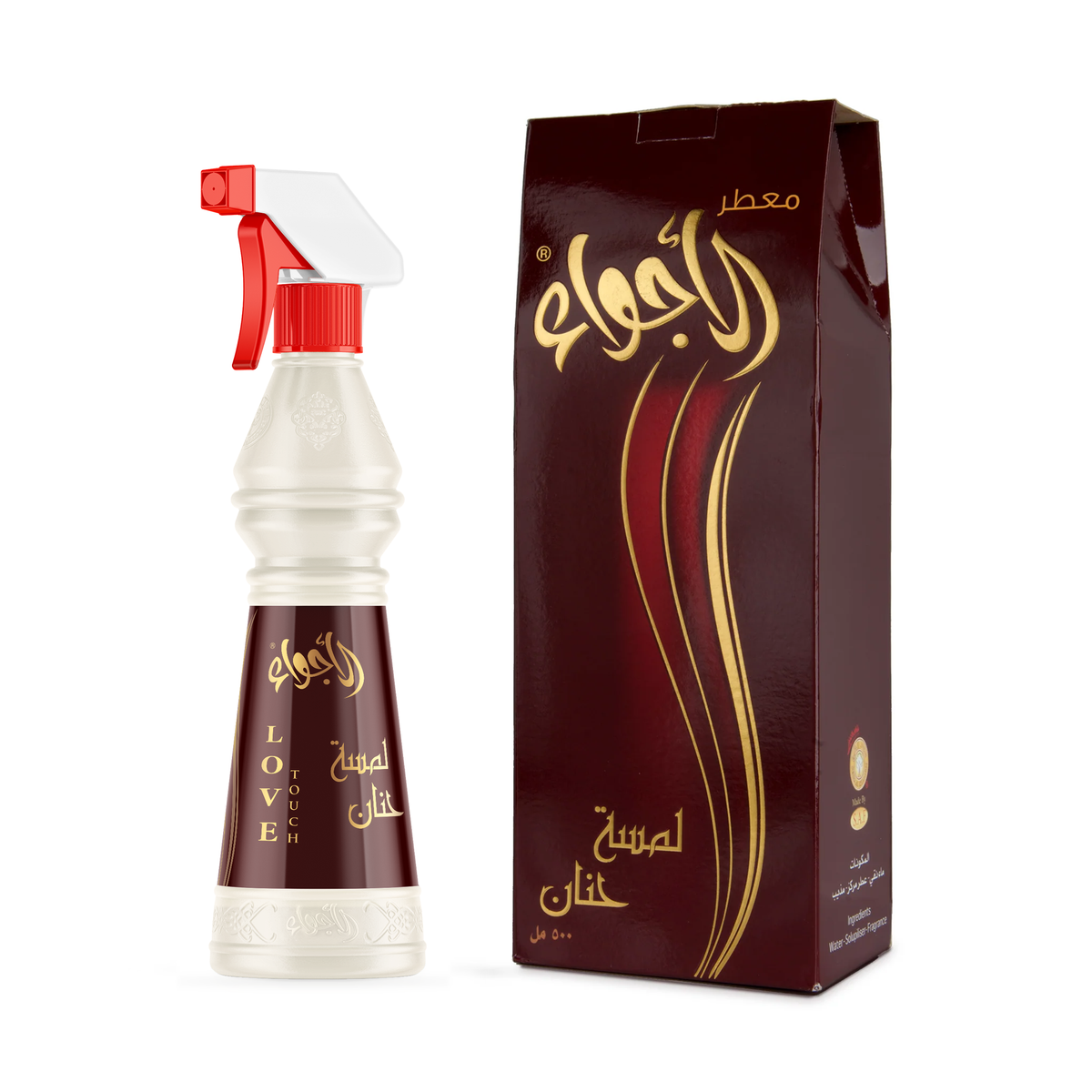 Love Touch Air Freshener 500 ml in a beige bottle with red spray beside its maroon box on a white background