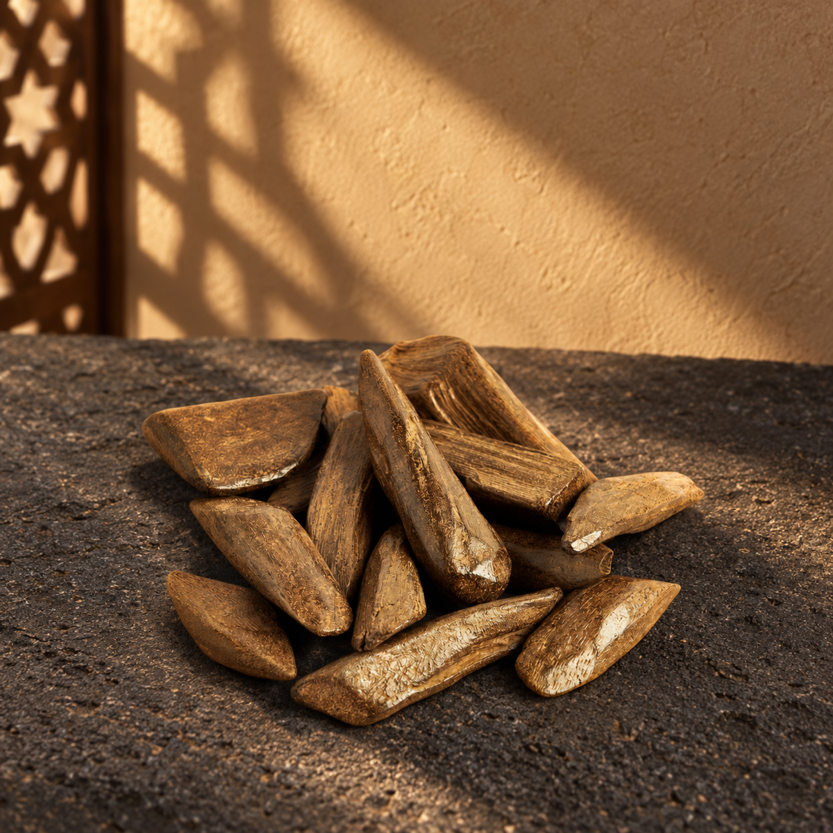 Moroky Natural Mohsen Oud from Sedr Al-Khaleej; heap of brown agarwood chips on dark basalt against a sand wall, with angled sunlight and a wooden screen shadow.