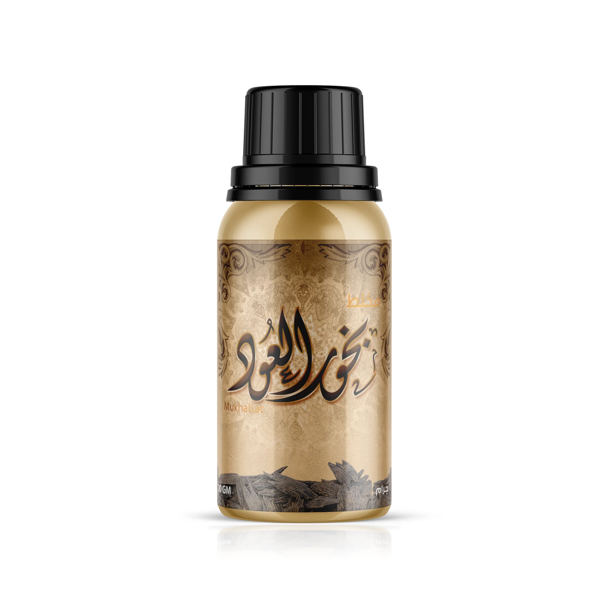 Mukhallat Bakhour Al-Oud 100 g in a gold bottle with a black cap on a white background