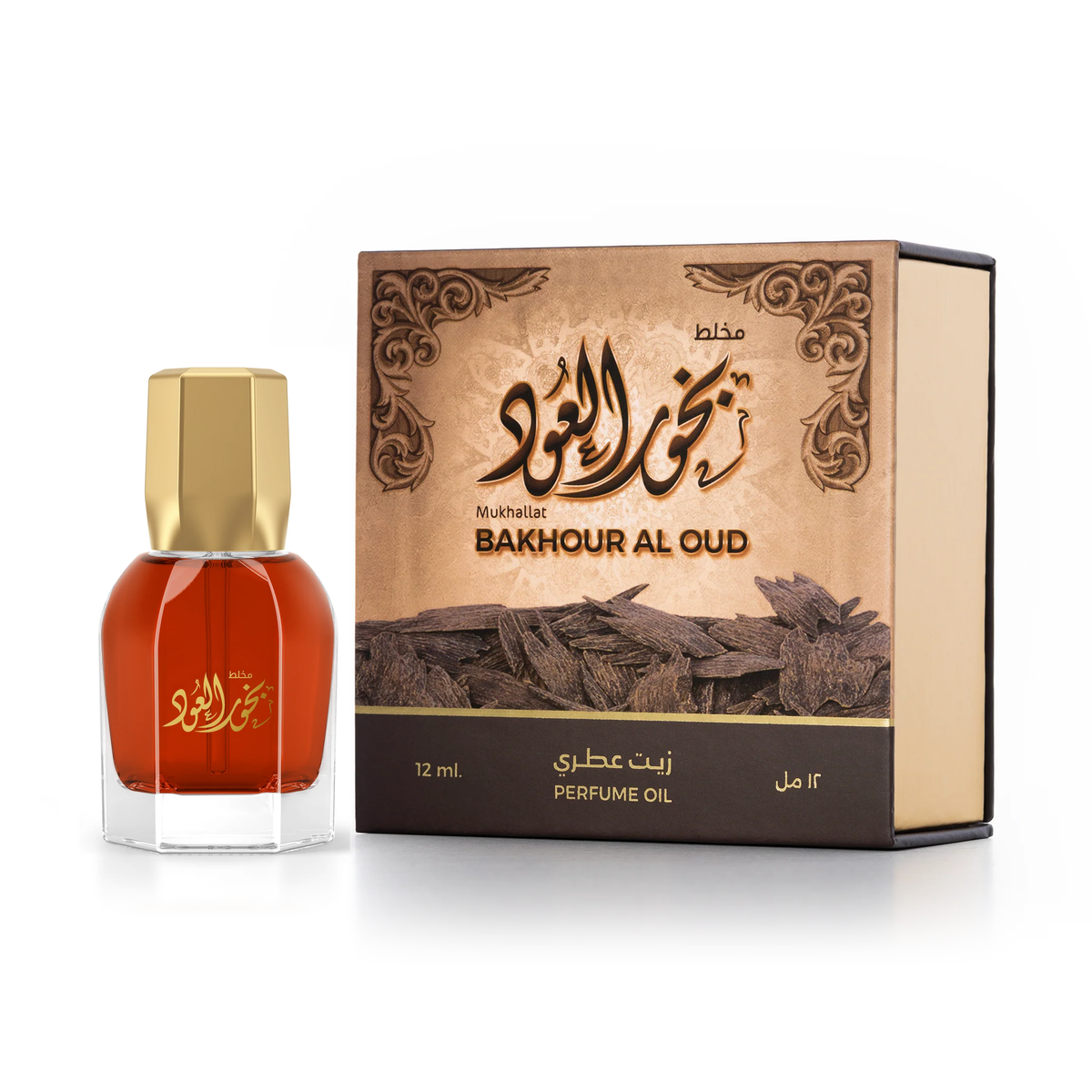 Oud Bakhoor Mukhallat Oil 12 ml in a red bottle with a gold cap next to its box on a white background