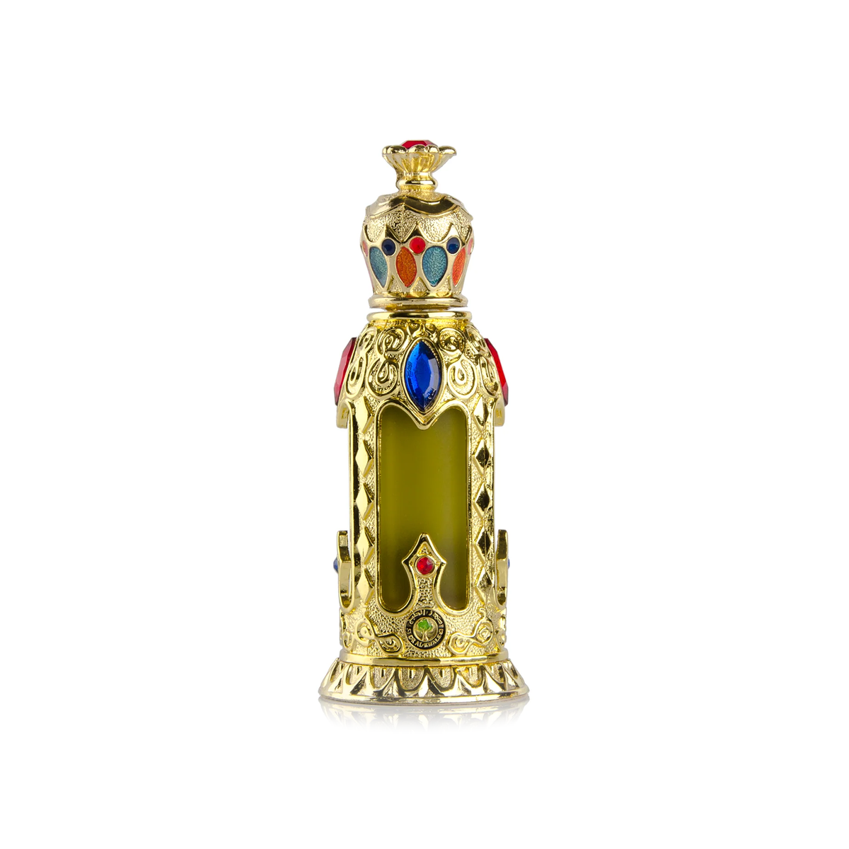 Naseem Al-Janoub Mukhallat 20 ml in a gold bottle set with coloured stones on a white background