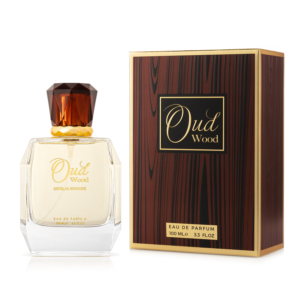 Oud Wood Perfume 100 ml in a clear bottle with a brown cap beside its dark wood-grain box on a white background