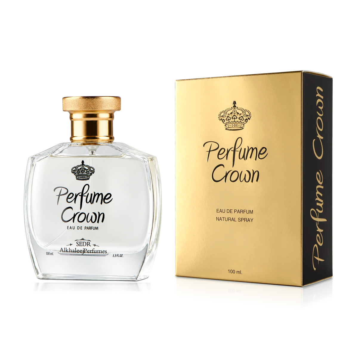 Perfume Crown 100 ml in a clear bottle with a gold cap beside its gold and black box on a white background