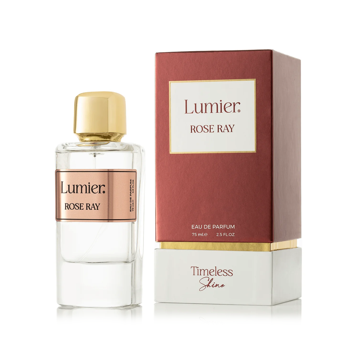 Rose Ray Perfume 75 ml, clear bottle with gold cap beside its red and white box on a white background