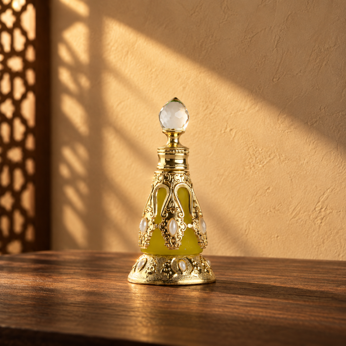 قارورة مخلط روابي الذهبية بسدادة كريستالية وأحجار بيضاء، وحدها على خشب الجوز أمام جدار رملي في ضوء شمس مائل.