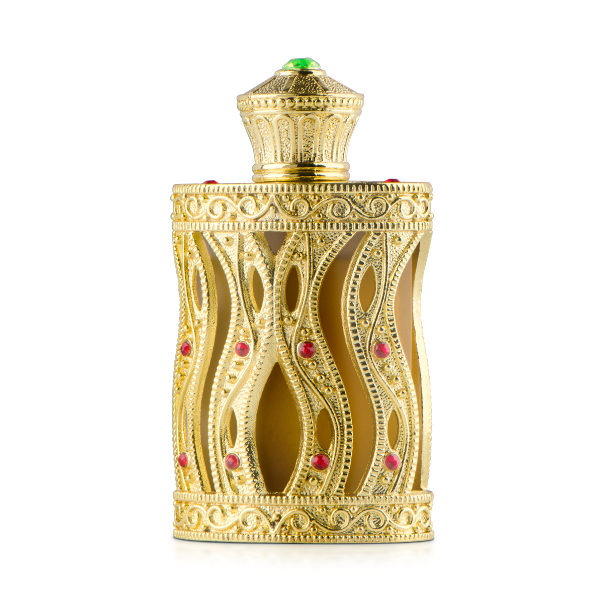 Shaqraa Mukhallat 33 ml gold openwork bottle set with red and green stones on a white background