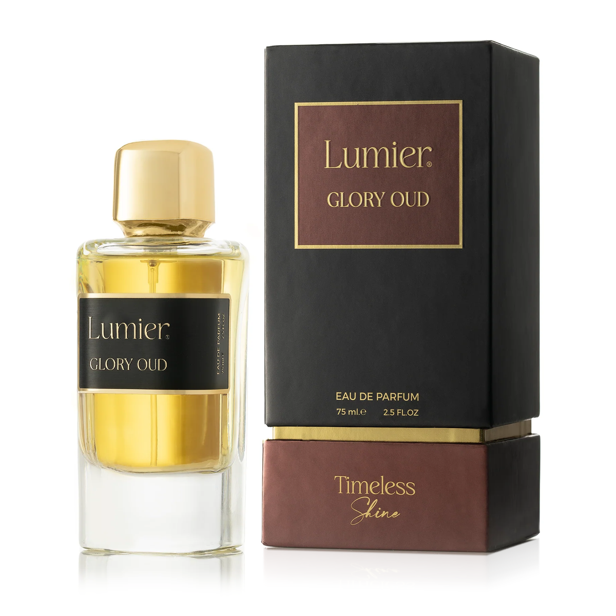 Lumier Glory Oud from the Radiance Bundle beside its black and maroon box on a white background