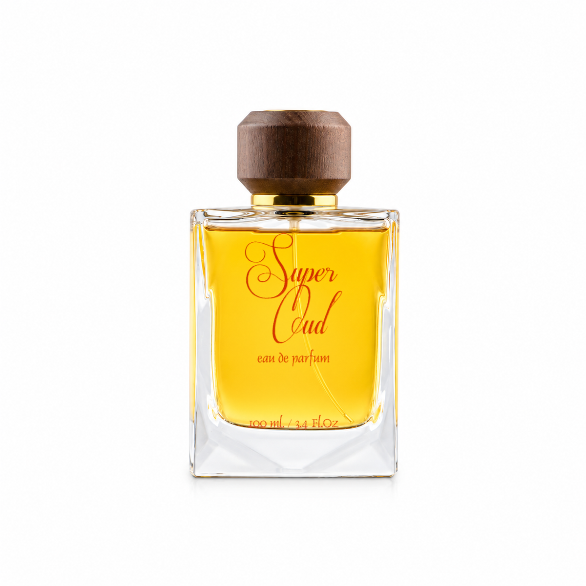 عبوة عطر سوبر عود 100 مل بزجاج شفاف وغطاء خشبي وكتابة أصلية برتقالية على خلفية بيضاء