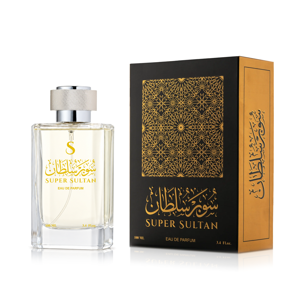 Super Sultan Perfume 100 ml in a clear bottle with a silver cap next to its black box with a gold pattern on white